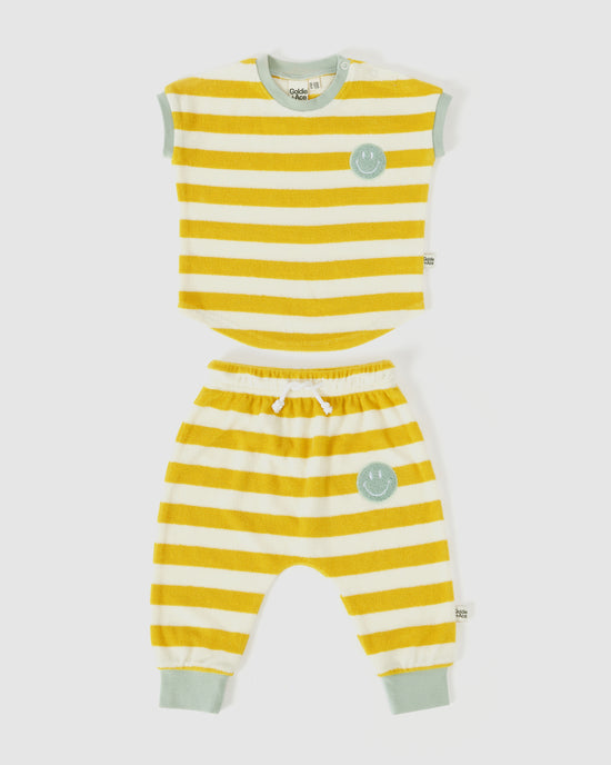 Smiley Terry Towelling Baby Stripe Lounge Set Yellow