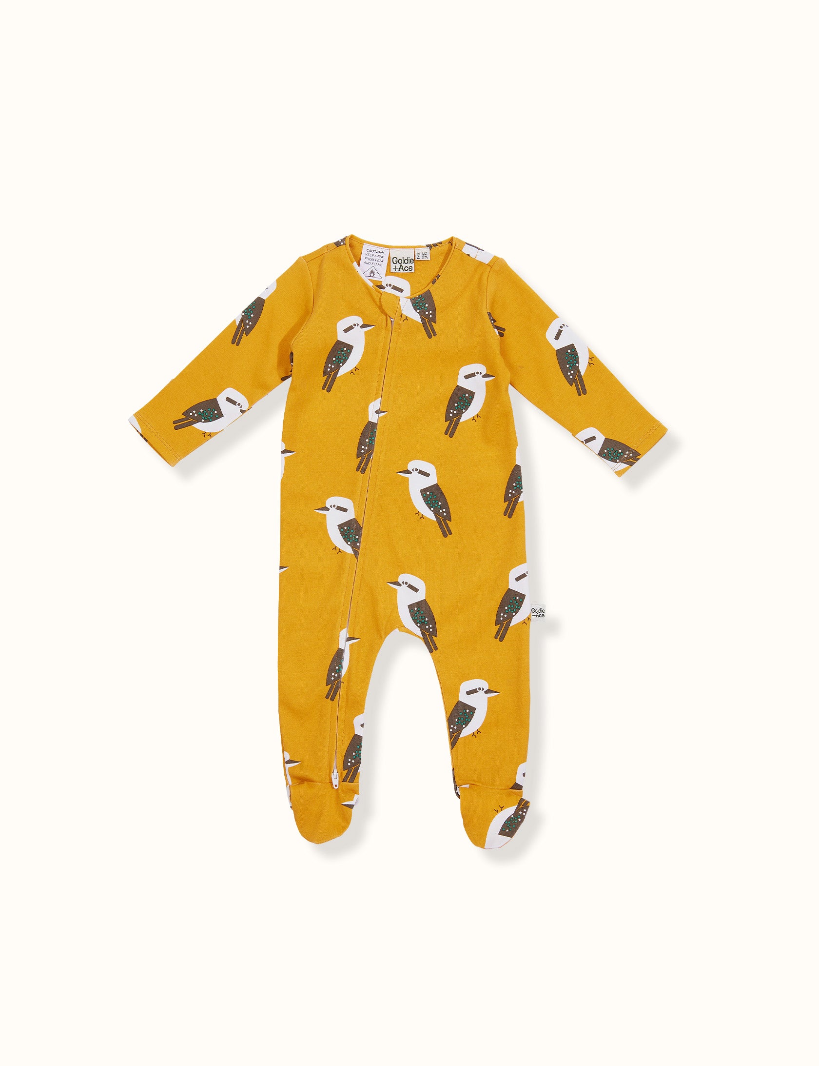 Kyle Kookaburra Print Footed Zipsuit Mustard