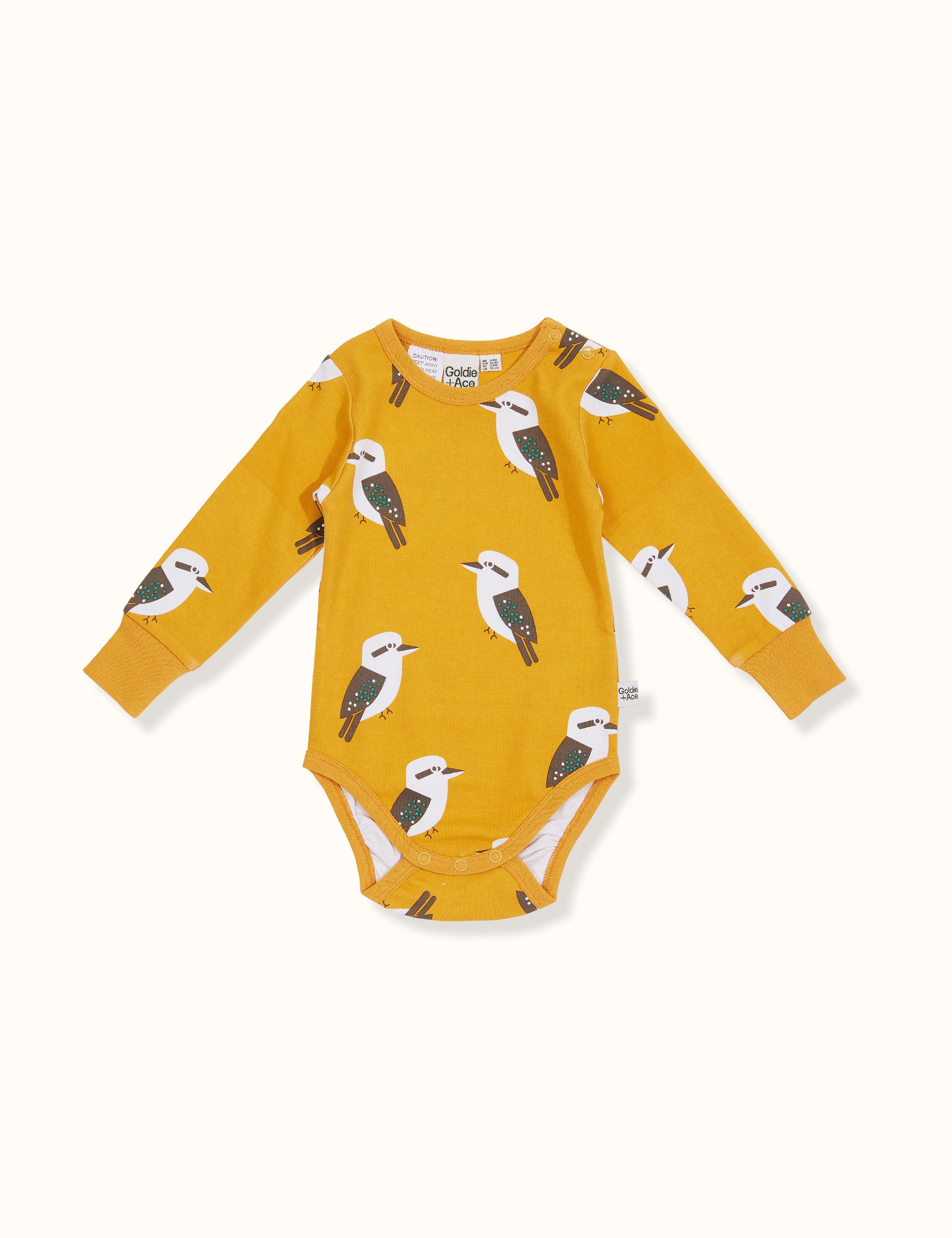 Kyle Kookaburra Print Long Sleeve Bodysuit Mustard