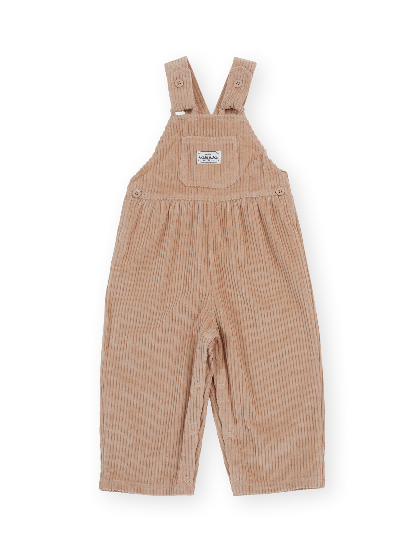 The Goldie + Ace Sammy Corduroy Overall in Tan pictured on a transparent background. The material is 100% cotton. It is a overall made for babies, toddlers and kids.
