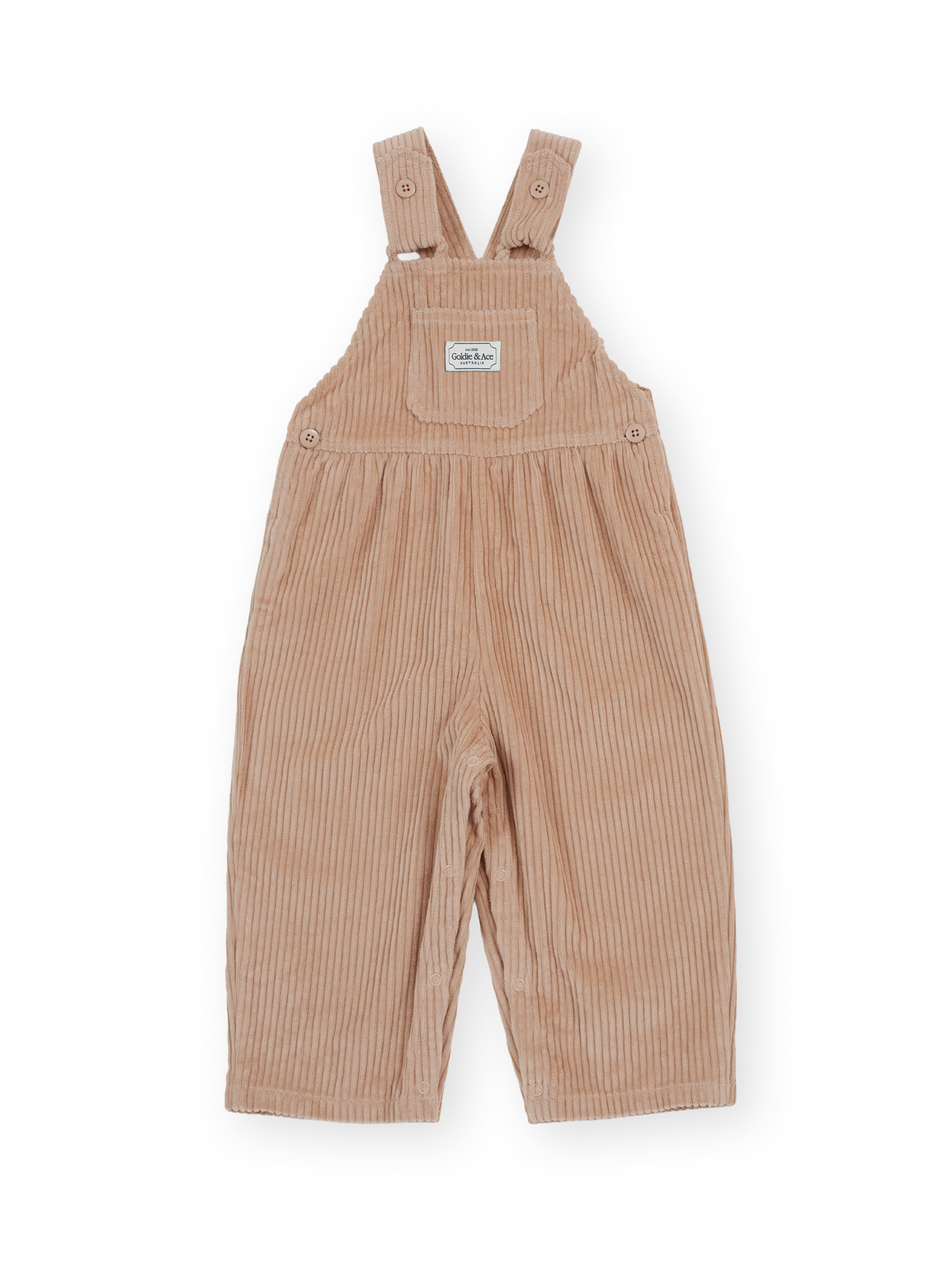 The Goldie + Ace Sammy Corduroy Overall in Tan pictured on a transparent background. The material is 100% cotton. It is a overall made for babies, toddlers and kids.