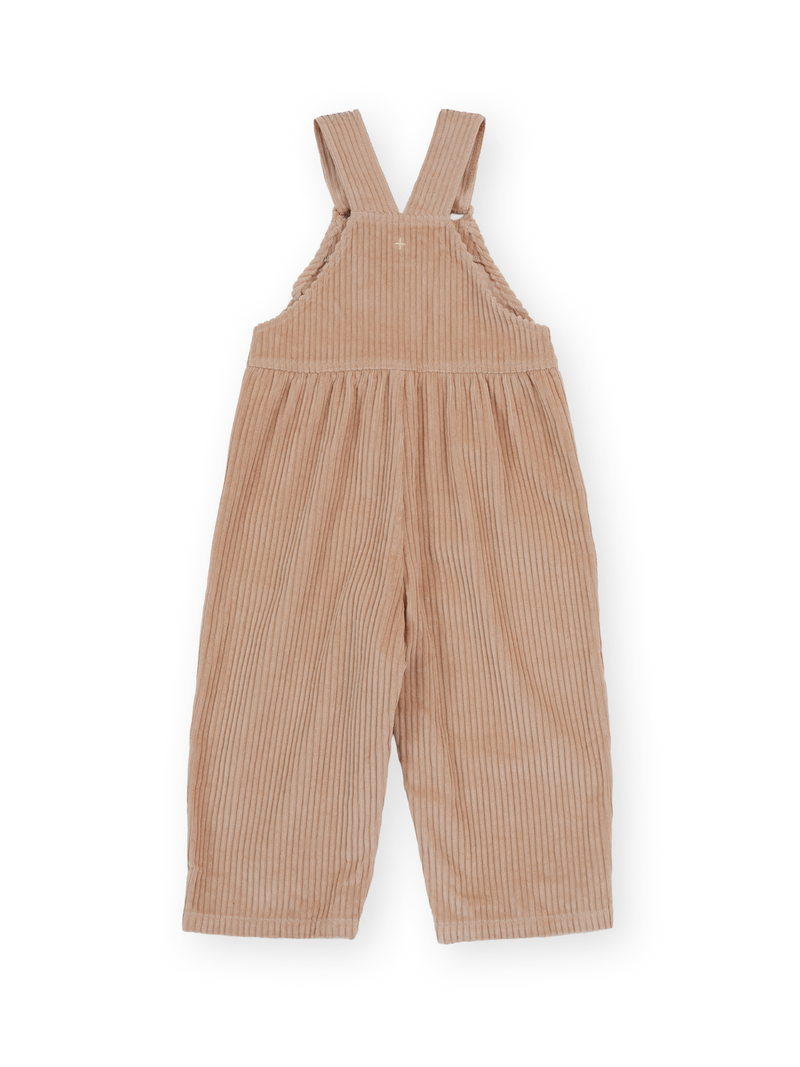 The Goldie + Ace Sammy Corduroy Overall in Tan pictured on a transparent background. The material is 100% cotton. It is a overall made for babies, toddlers and kids.