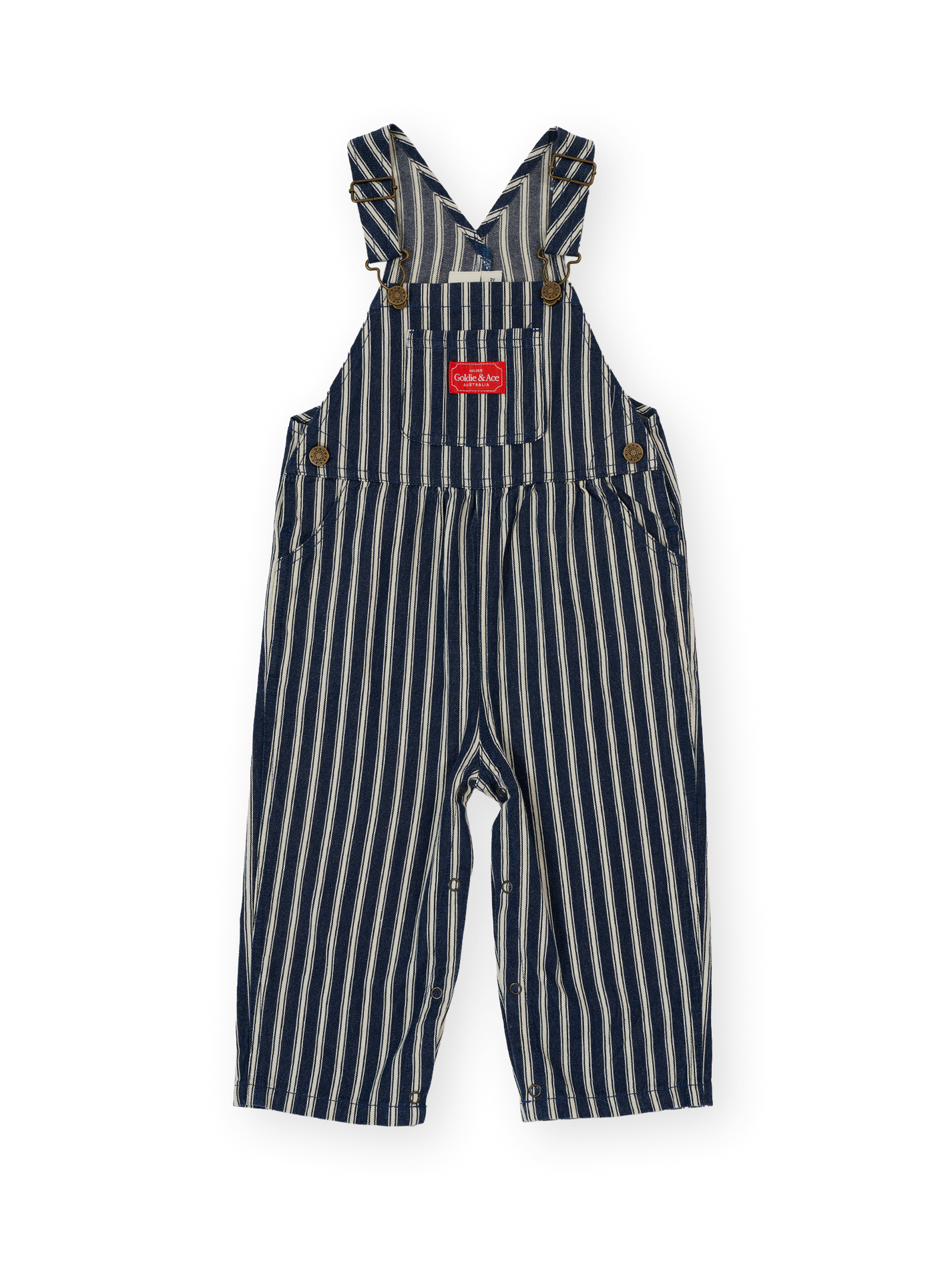 The Goldie + Ace Railroad Stripe Austin Overalls in Indigo pictured on a transparent background. The material is 65% polyester 35% cotton. It is a overall made for babies, toddlers and kids.