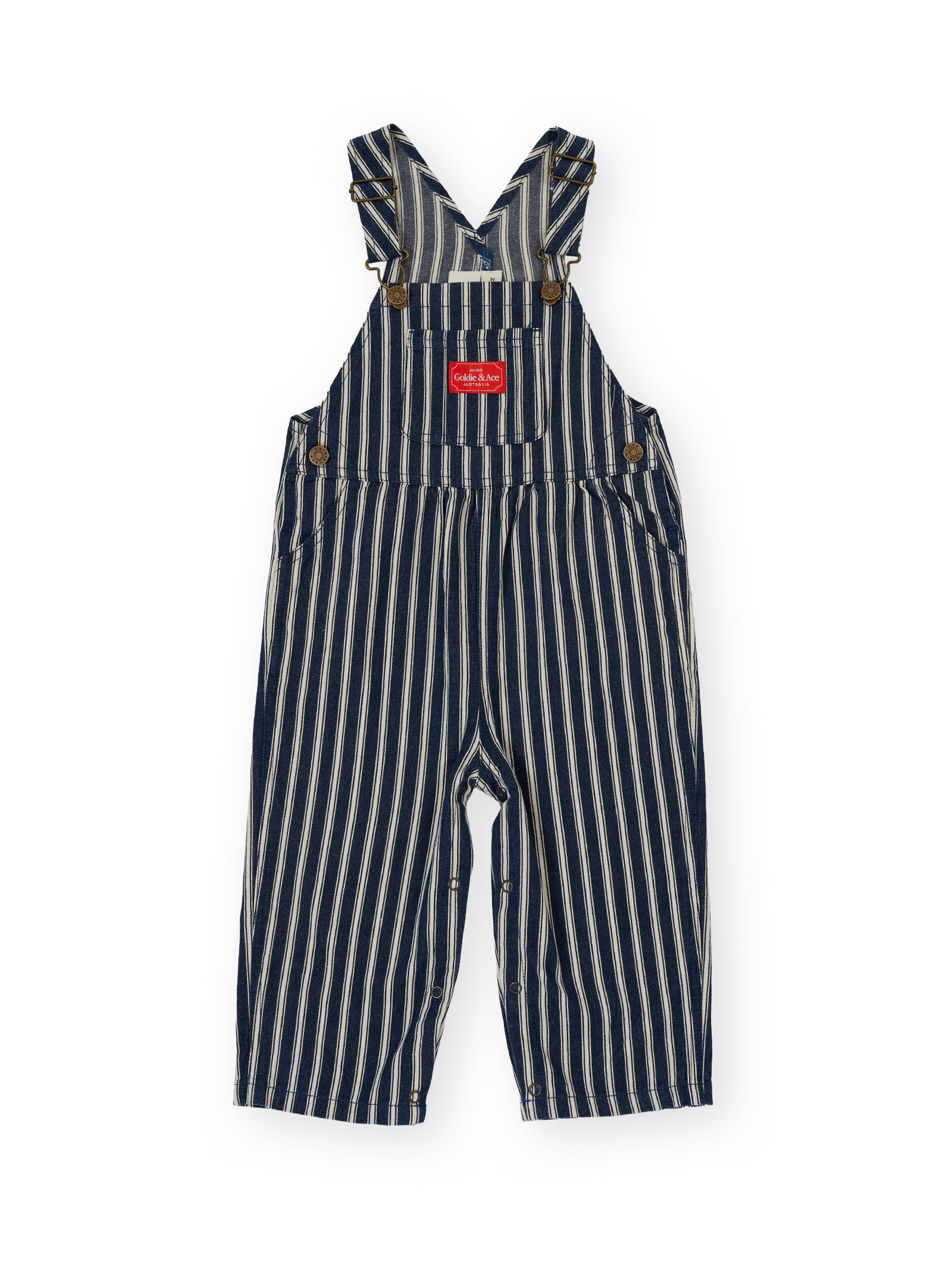 The Goldie + Ace Railroad Stripe Austin Overalls in Indigo pictured on a transparent background. The material is 65% polyester 35% cotton. It is a overall made for babies, toddlers and kids.