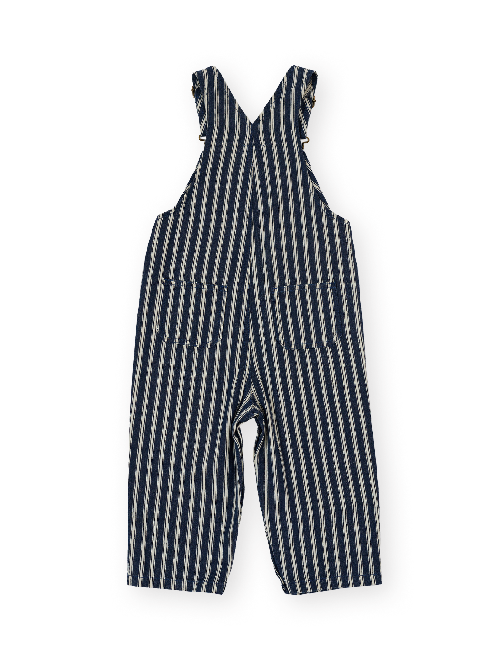 The Goldie + Ace Railroad Stripe Austin Overalls in Indigo pictured on a transparent background. The material is 65% polyester 35% cotton. It is a overall made for babies, toddlers and kids.