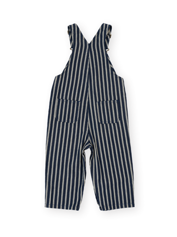 The Goldie + Ace Railroad Stripe Austin Overalls in Indigo pictured on a transparent background. The material is 65% polyester 35% cotton. It is a overall made for babies, toddlers and kids.