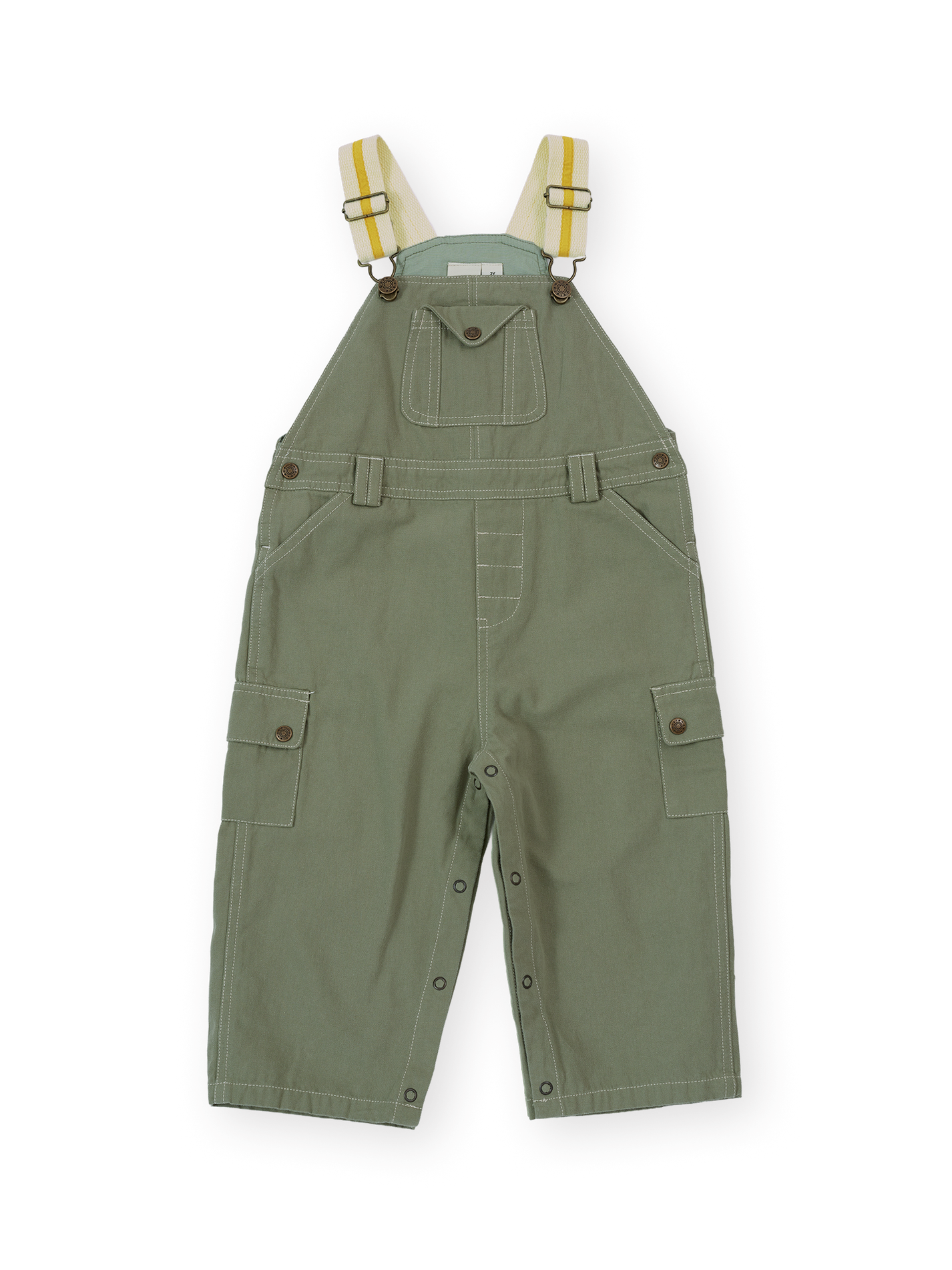The Goldie + Ace Carpenter Utility Austin Overalls in Sage pictured on a transparent background. The material is 100% cotton. It is a overall made for babies, toddlers and kids.