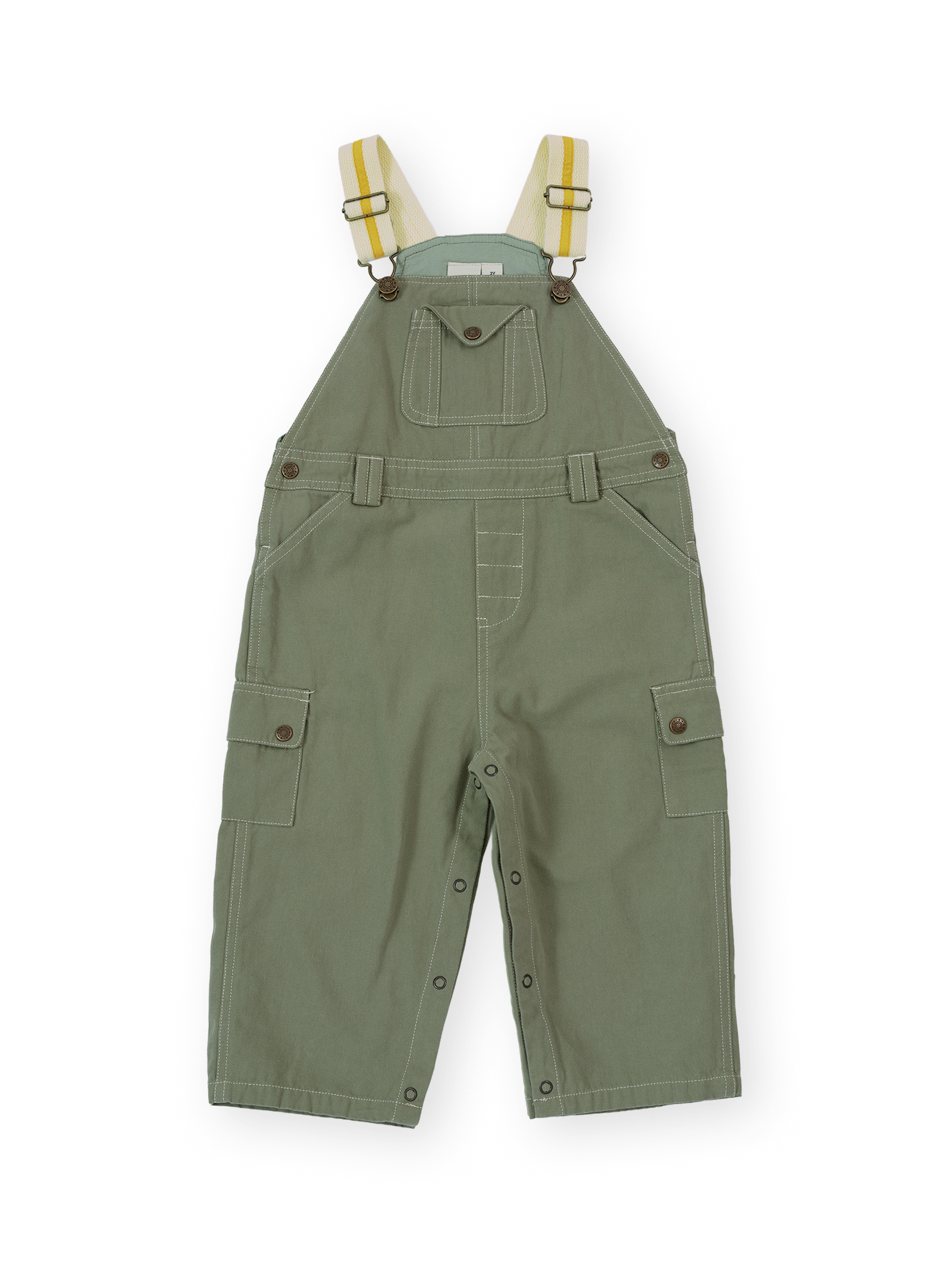 The Goldie + Ace Carpenter Utility Austin Overalls in Sage pictured on a transparent background. The material is 100% cotton. It is a overall made for babies, toddlers and kids.