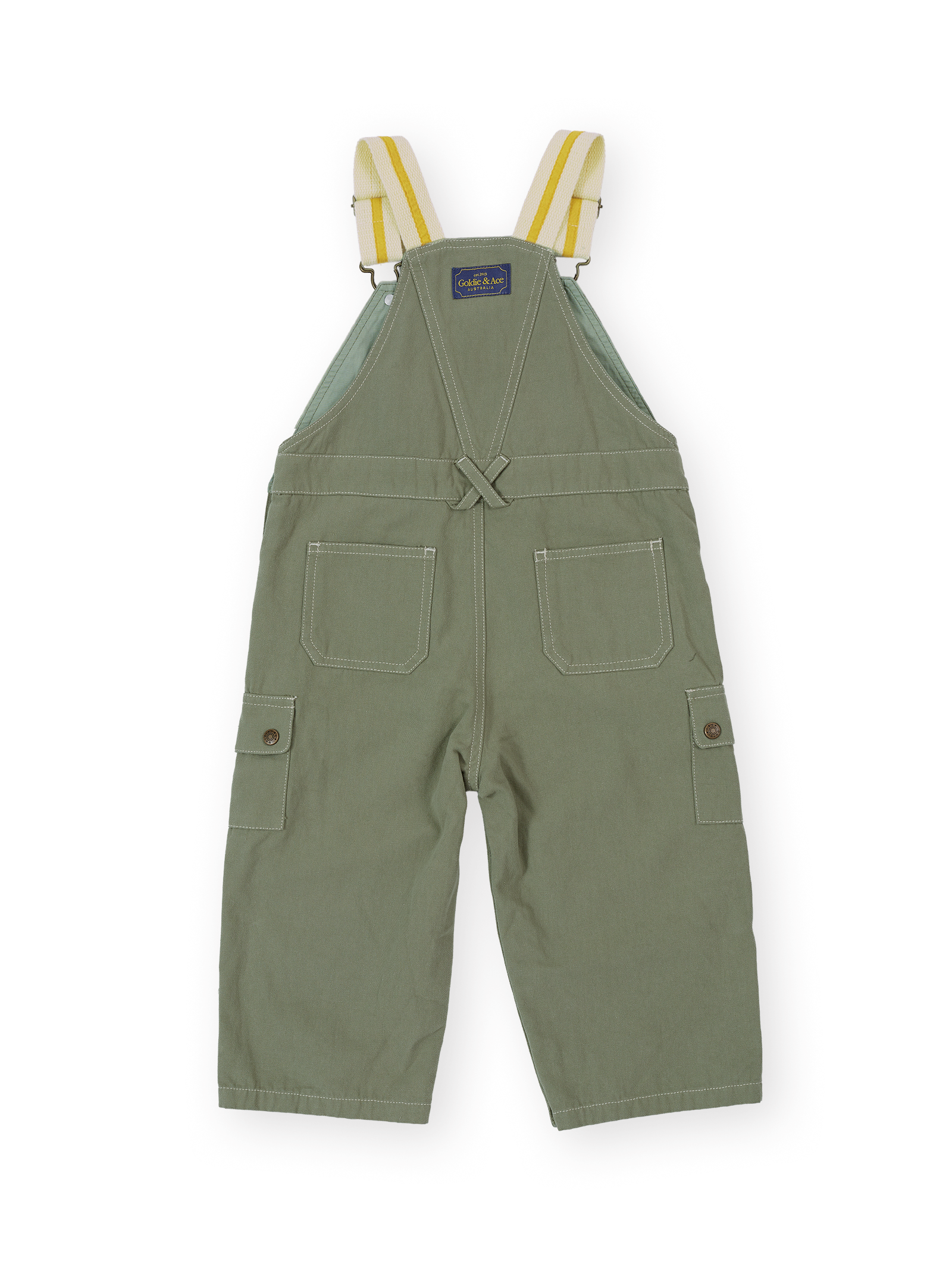 The Goldie + Ace Carpenter Utility Austin Overalls in Sage pictured on a transparent background. The material is 100% cotton. It is a overall made for babies, toddlers and kids.