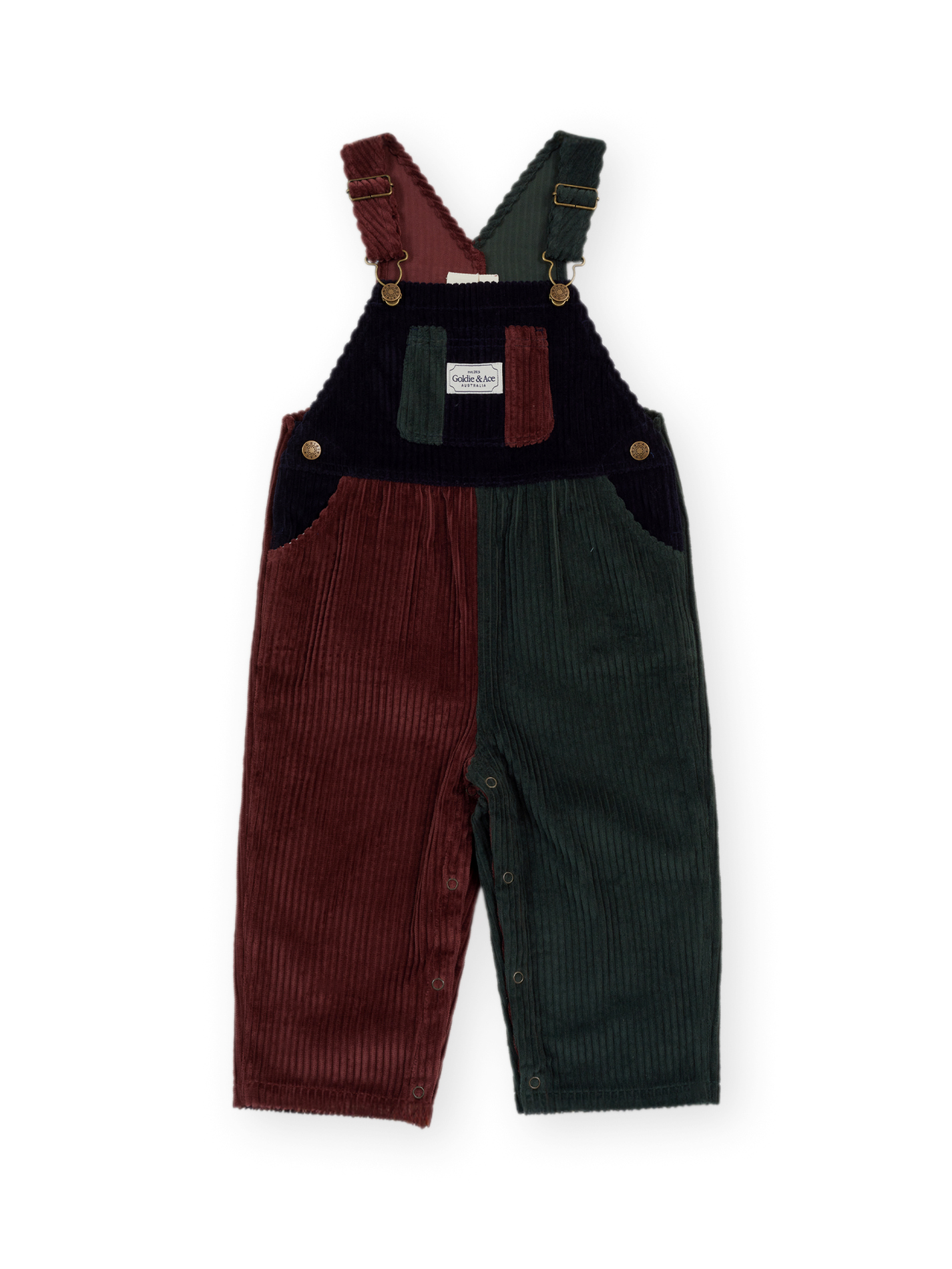 The Goldie + Ace Austin Corduroy Colour Block Overalls in Brown &amp; Moss &amp; Navy pictured on a transparent background. The material is 100% cotton. It is a overall made for babies, toddlers and kids.