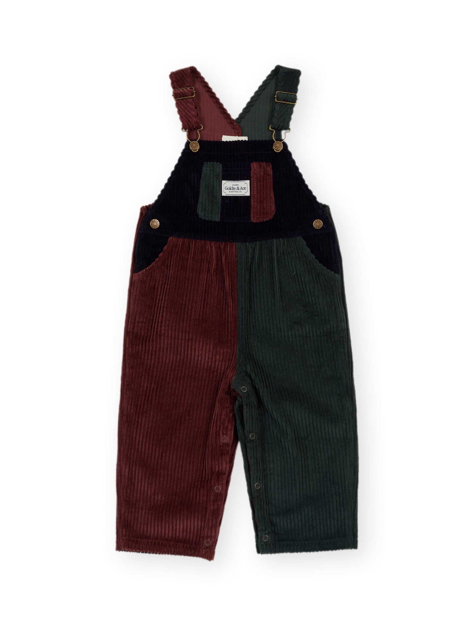 The Goldie + Ace Austin Corduroy Colour Block Overalls in Brown & Moss & Navy pictured on a transparent background. The material is 100% cotton. It is a overall made for babies, toddlers and kids.