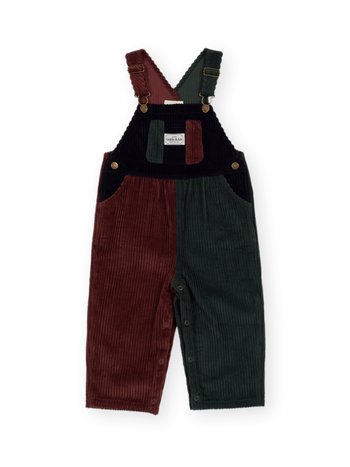 The Goldie + Ace Austin Corduroy Colour Block Overalls in Brown & Moss & Navy pictured on a transparent background. The material is 100% cotton. It is a overall made for babies, toddlers and kids.