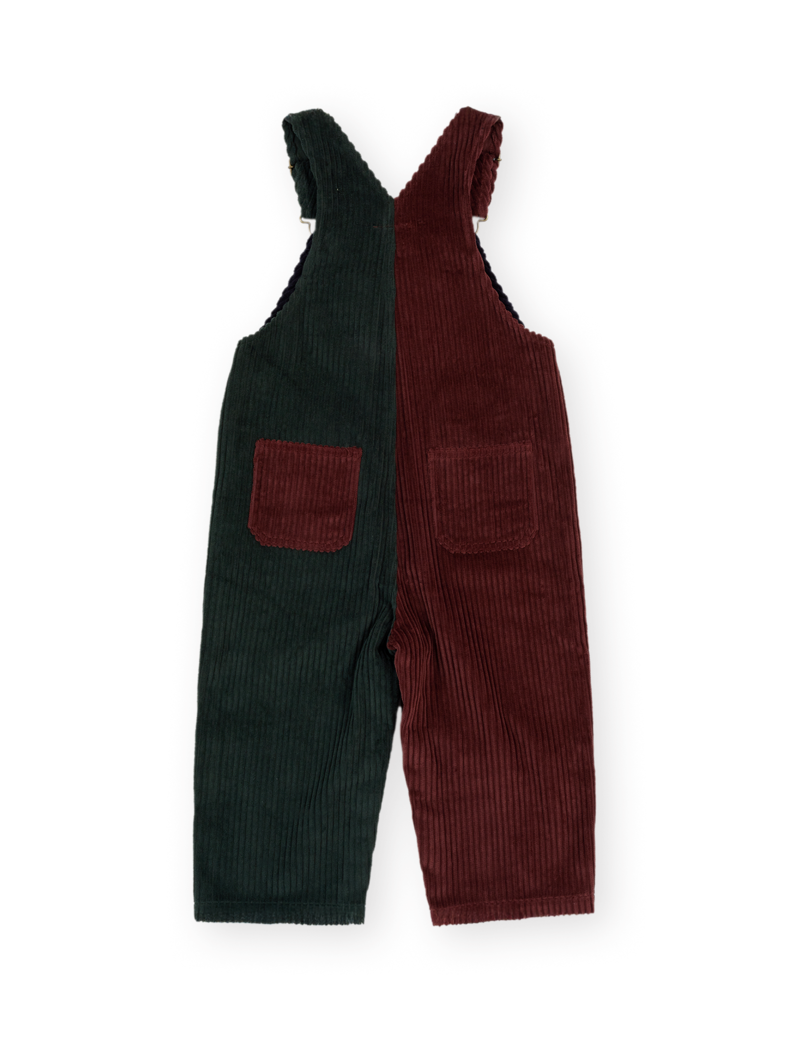 The Goldie + Ace Austin Corduroy Colour Block Overalls in Brown & Moss & Navy pictured on a transparent background. The material is 100% cotton. It is a overall made for babies, toddlers and kids.
