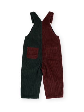 The Goldie + Ace Austin Corduroy Colour Block Overalls in Brown & Moss & Navy pictured on a transparent background. The material is 100% cotton. It is a overall made for babies, toddlers and kids.