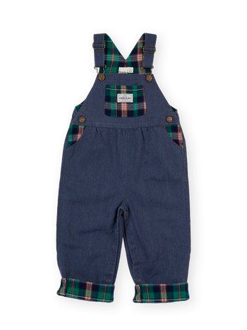 The Goldie + Ace Austin Green Check Overalls in Navy & Green Check pictured on a transparent background. The material is 100% cotton. It is a overall made for babies, toddlers and kids.