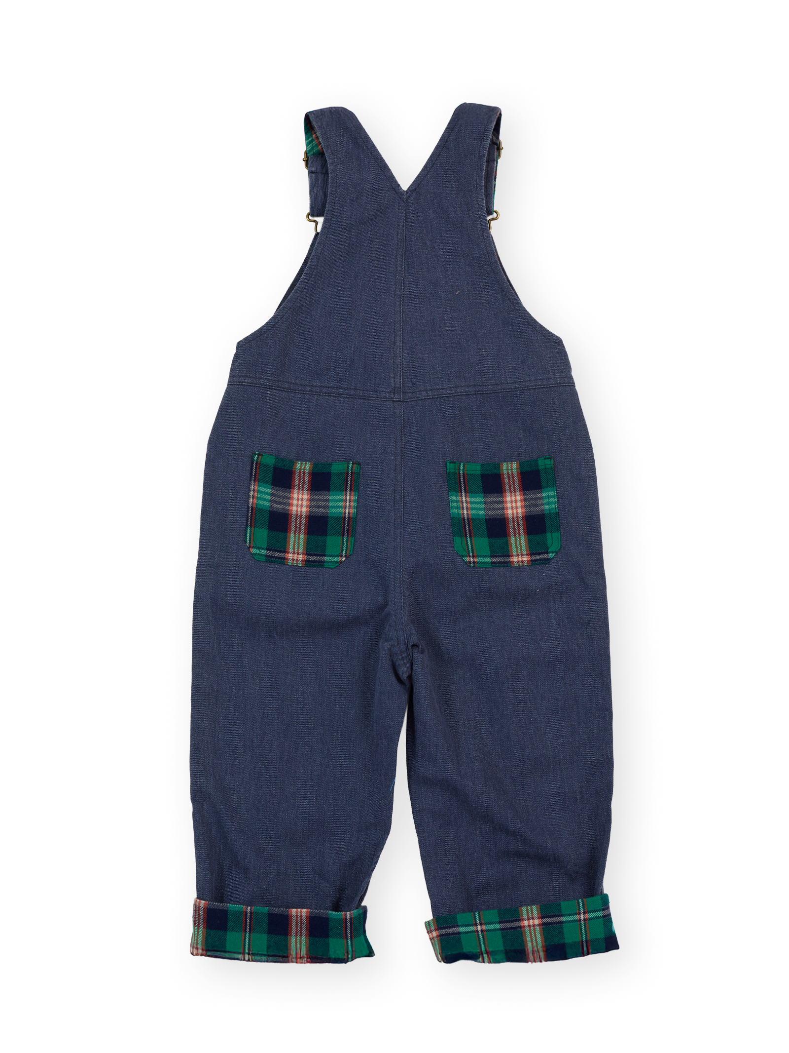 The Goldie + Ace Austin Green Check Overalls in Navy & Green Check pictured on a transparent background. The material is 100% cotton. It is a overall made for babies, toddlers and kids.