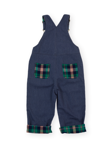 The Goldie + Ace Austin Green Check Overalls in Navy & Green Check pictured on a transparent background. The material is 100% cotton. It is a overall made for babies, toddlers and kids.