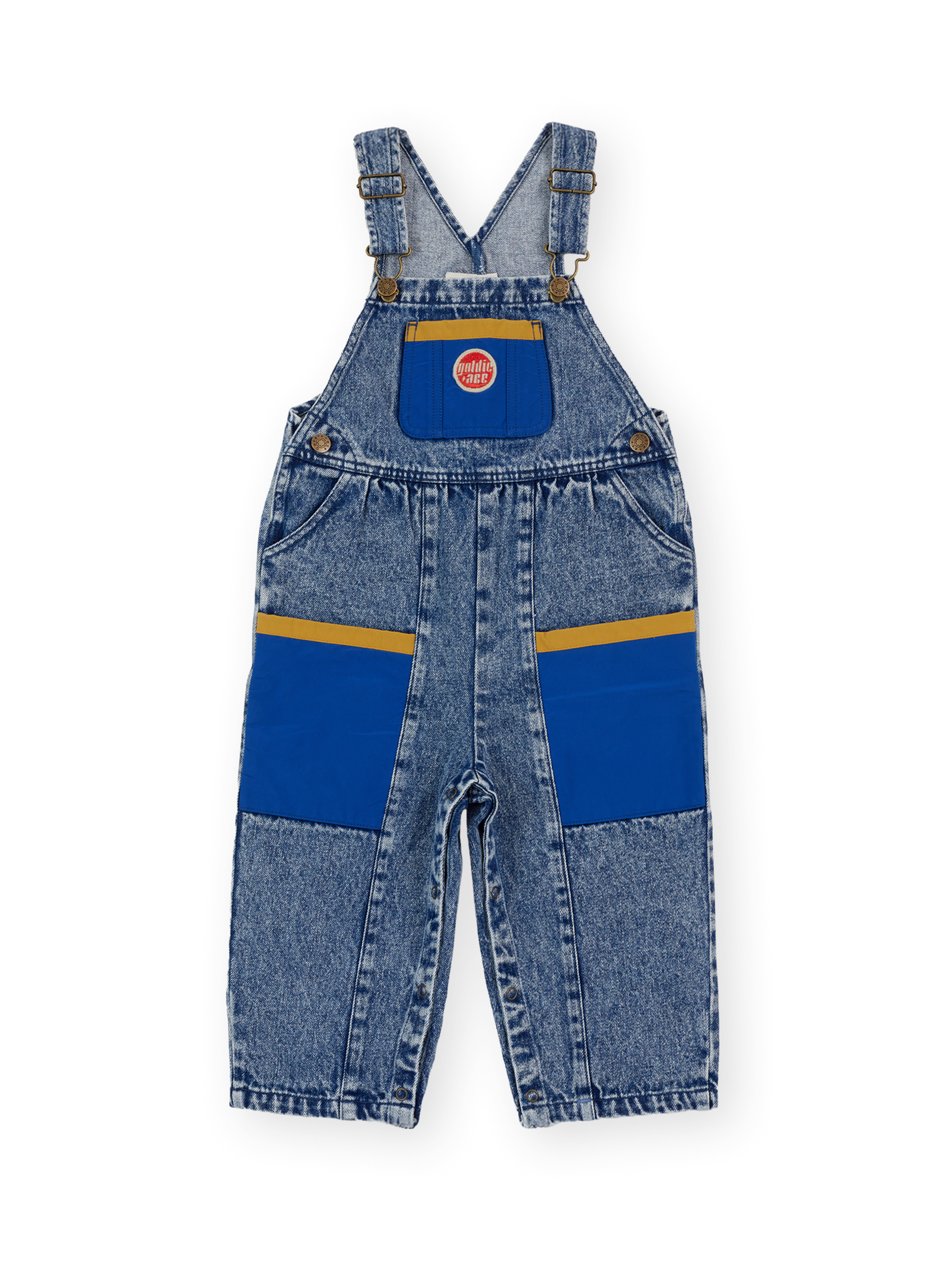 The Goldie + Ace Austin Colour Block Vintage Denim Overalls in Dark Denim &amp; Multi pictured on a transparent background. The material is 100% cotton. It is a overall made for babies, toddlers and kids.