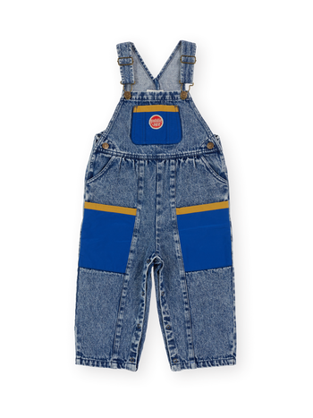 The Goldie + Ace Austin Colour Block Vintage Denim Overalls in Dark Denim & Multi pictured on a transparent background. The material is 100% cotton. It is a overall made for babies, toddlers and kids.