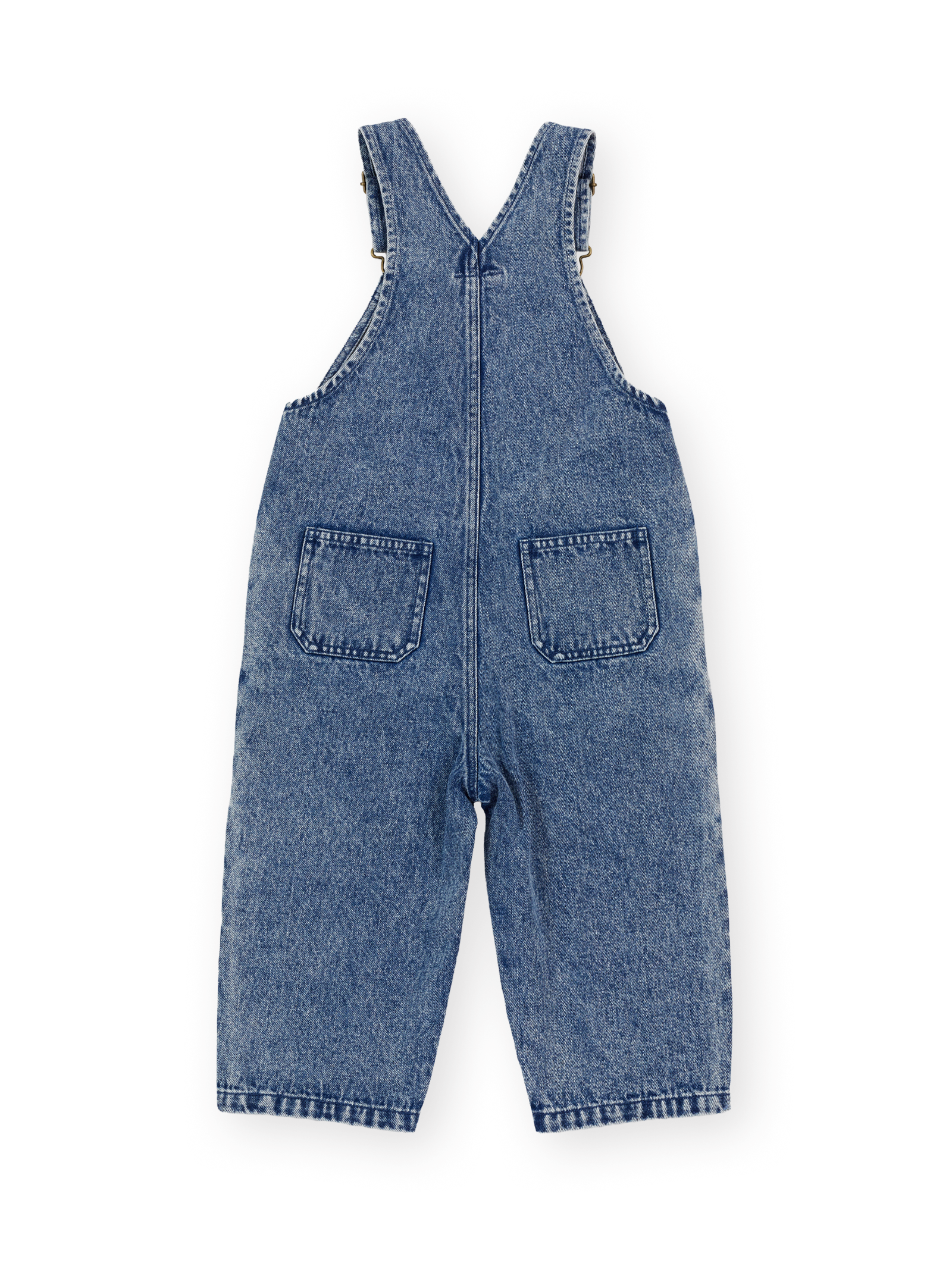 The Goldie + Ace Austin Colour Block Vintage Denim Overalls in Dark Denim & Multi pictured on a transparent background. The material is 100% cotton. It is a overall made for babies, toddlers and kids.