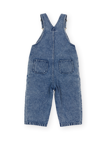 The Goldie + Ace Austin Colour Block Vintage Denim Overalls in Dark Denim & Multi pictured on a transparent background. The material is 100% cotton. It is a overall made for babies, toddlers and kids.