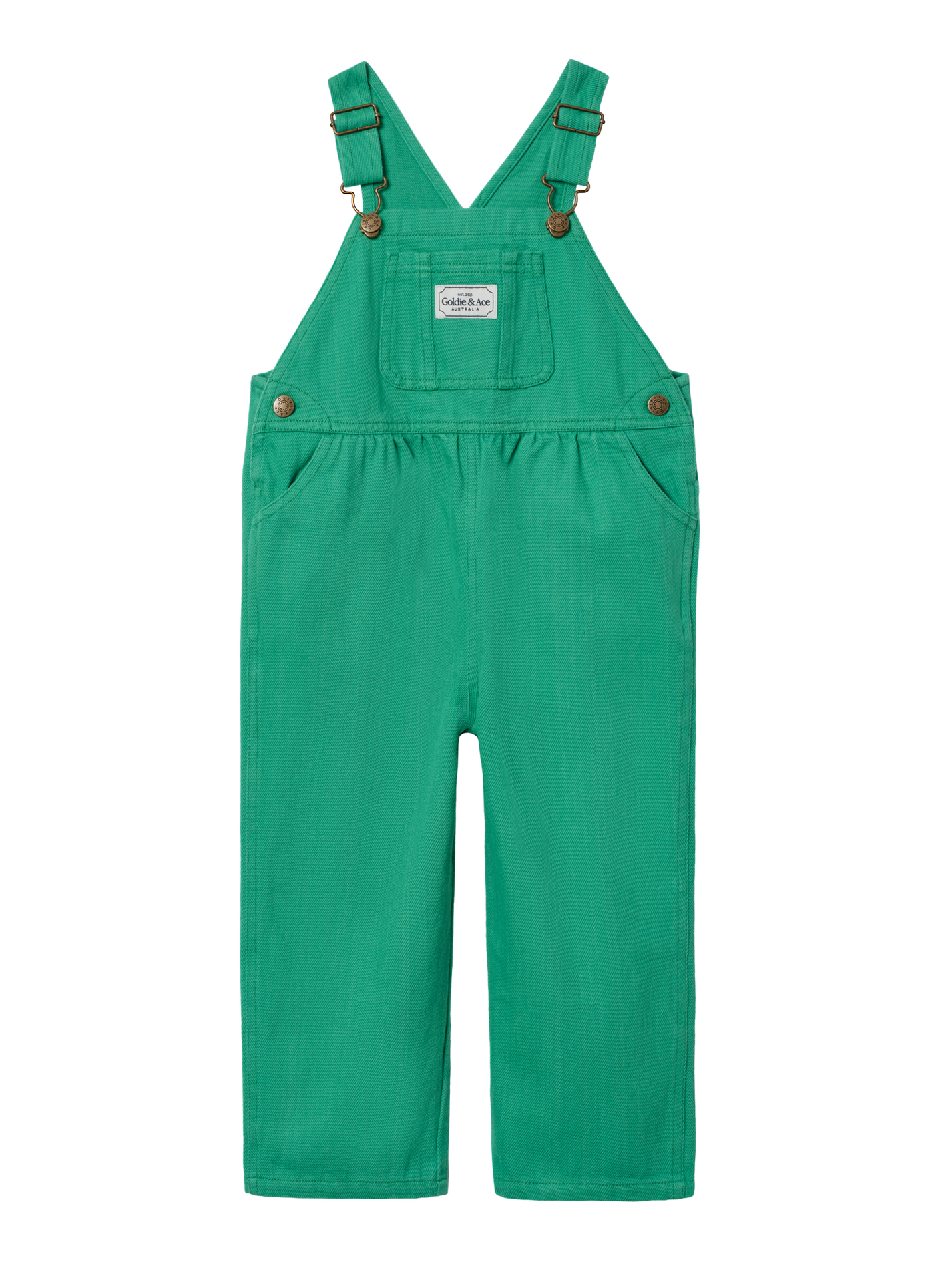 The Goldie + Ace Austin Green Denim Overalls in Green pictured on a transparent background. The material is 100% cotton. It is a overall made for babies, toddlers and kids.