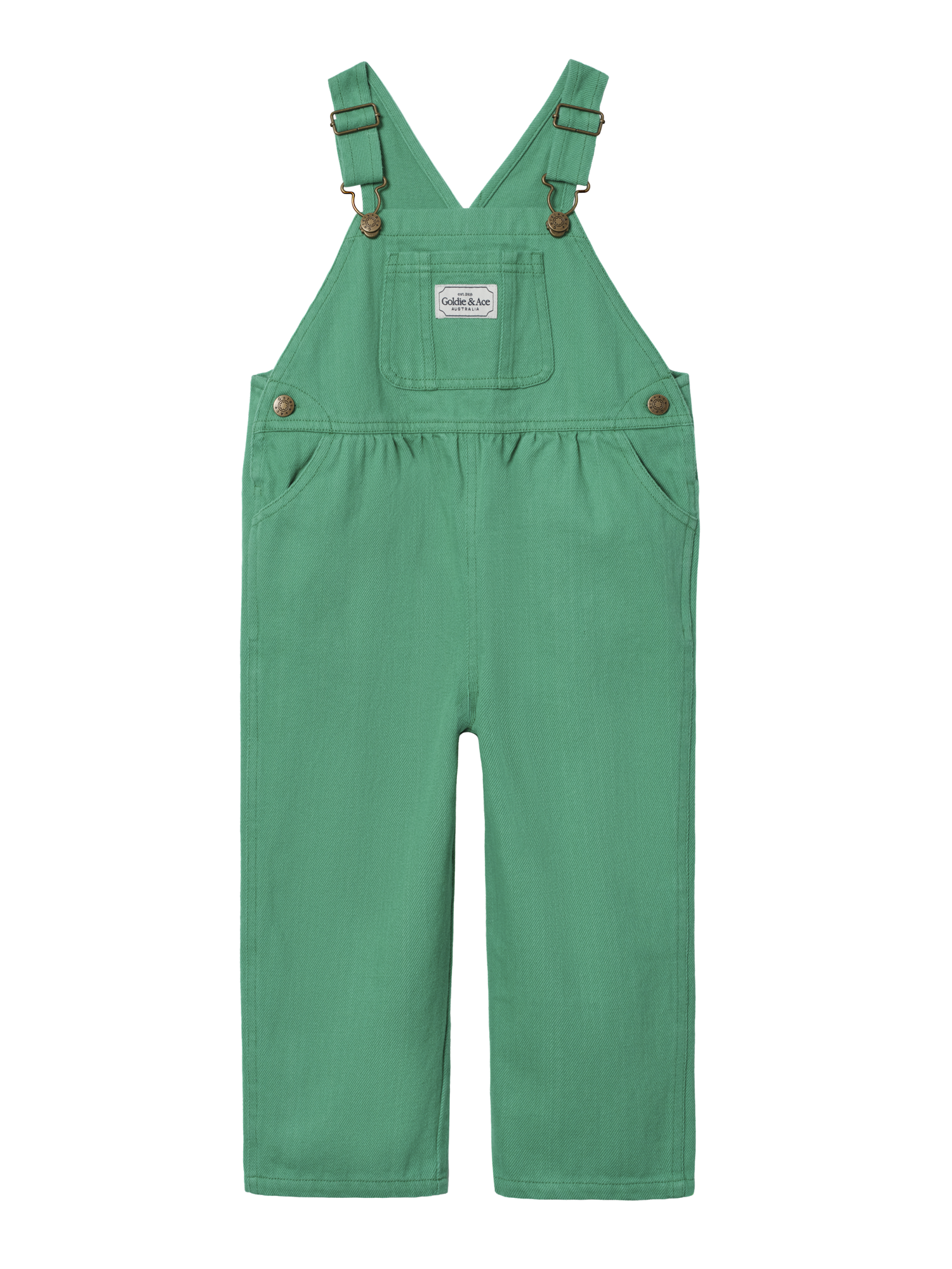 The Goldie + Ace Austin Green Denim Overalls in Green pictured on a transparent background. The material is 100% cotton. It is a overall made for babies, toddlers and kids.