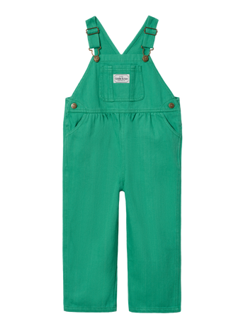 The Goldie + Ace Austin Green Denim Overalls in Green pictured on a transparent background. The material is 100% cotton. It is a overall made for babies, toddlers and kids.