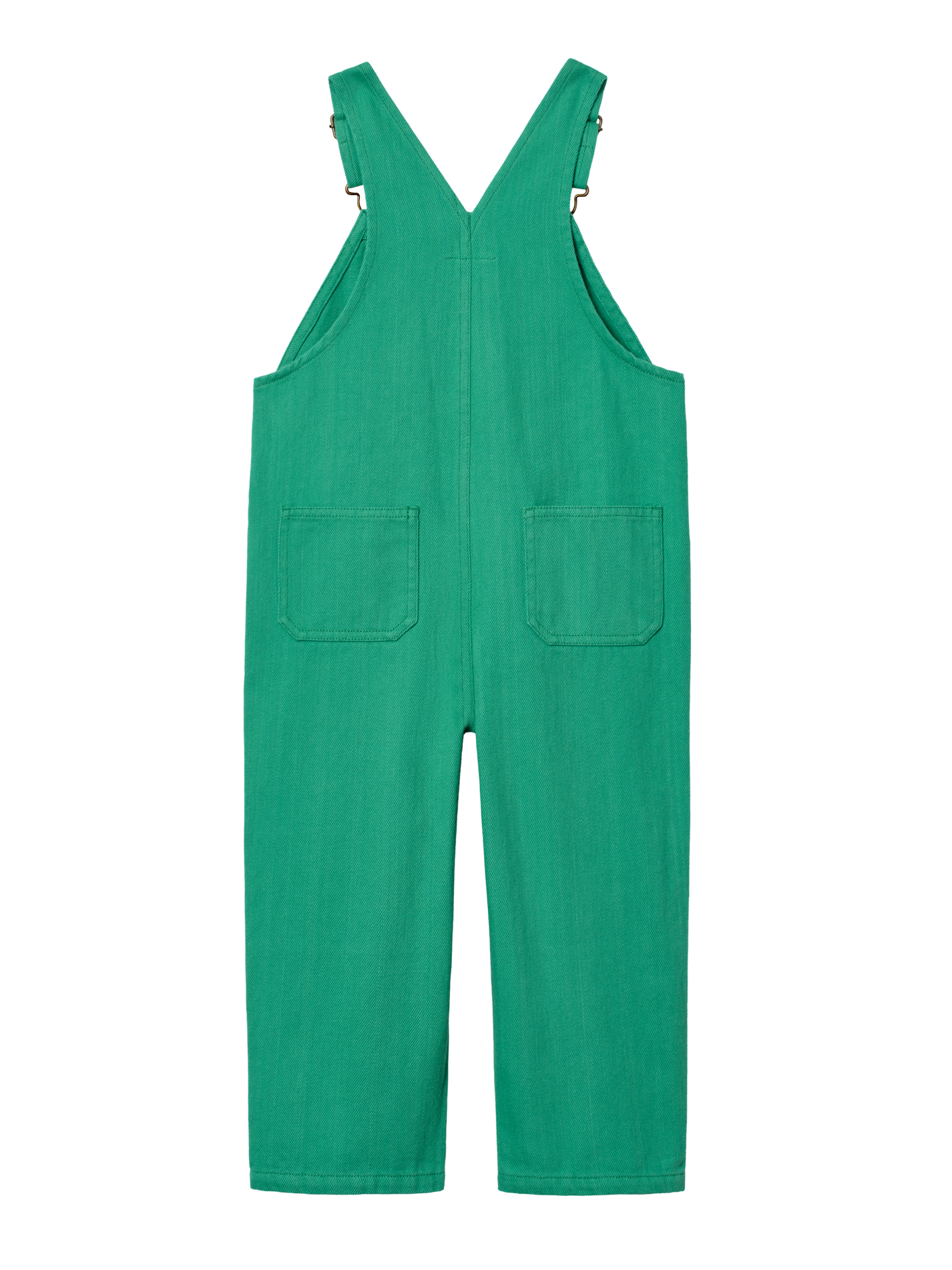 The Goldie + Ace Austin Green Denim Overalls in Green pictured on a transparent background. The material is 100% cotton. It is a overall made for babies, toddlers and kids.
