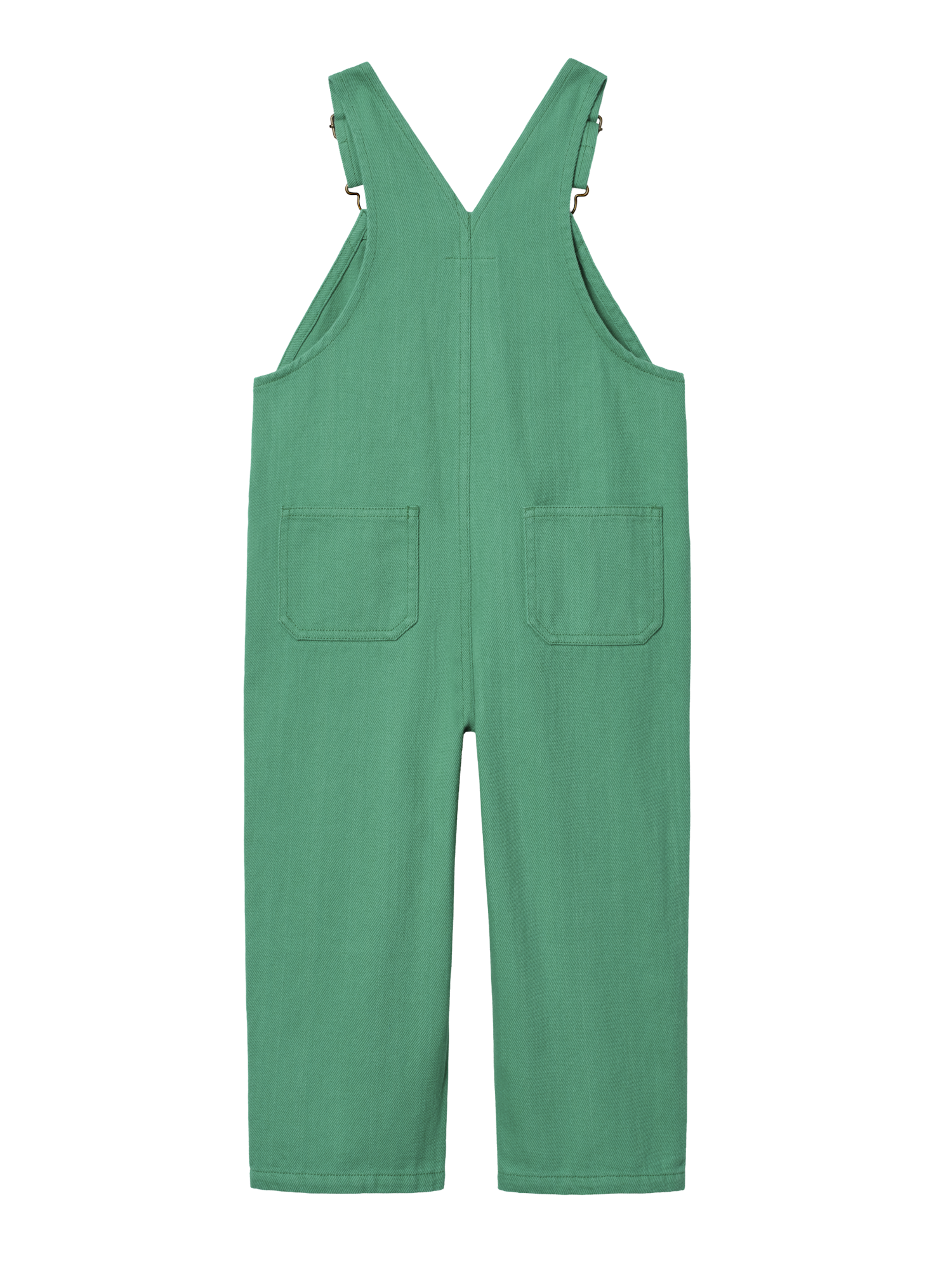 The Goldie + Ace Austin Green Denim Overalls in Green pictured on a transparent background. The material is 100% cotton. It is a overall made for babies, toddlers and kids.