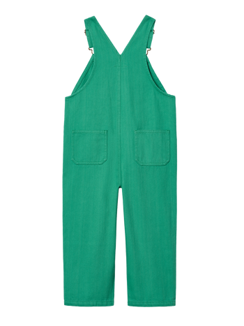 The Goldie + Ace Austin Green Denim Overalls in Green pictured on a transparent background. The material is 100% cotton. It is a overall made for babies, toddlers and kids.