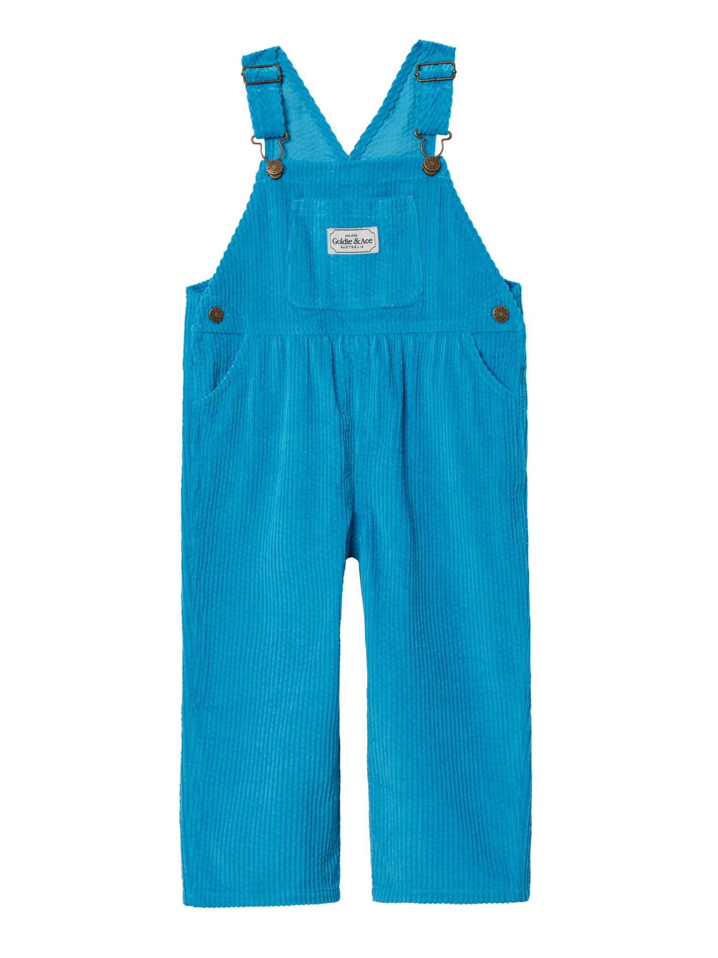 The Goldie + Ace Austin Corduroy Blue Overalls in Blue pictured on a transparent background. The material is 100% cotton. It is a overall made for babies, toddlers and kids.