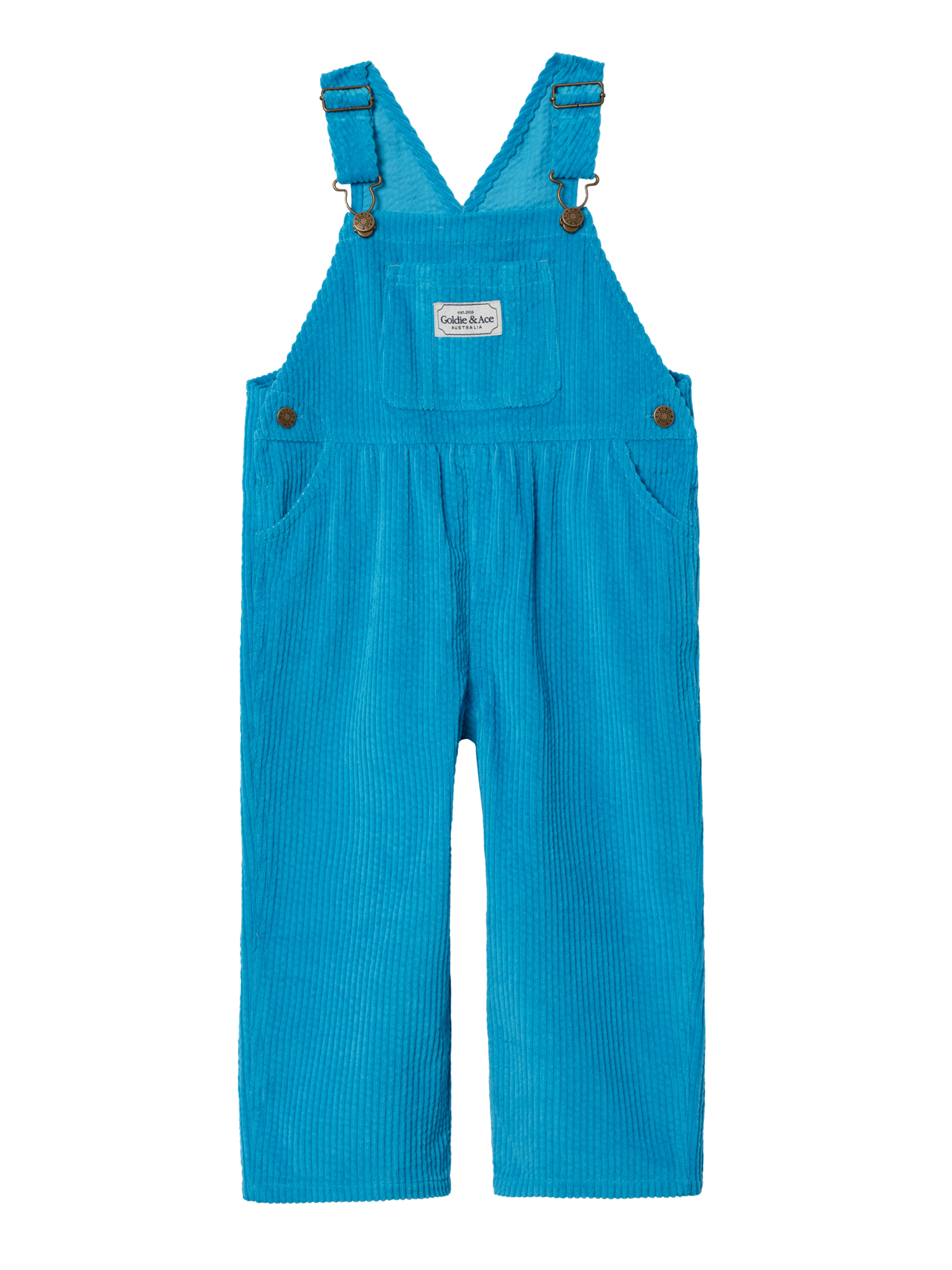The Goldie + Ace Austin Corduroy Blue Overalls in Blue pictured on a transparent background. The material is 100% cotton. It is a overall made for babies, toddlers and kids.