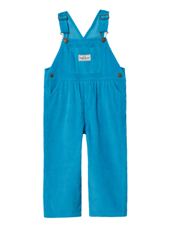 The Goldie + Ace Austin Corduroy Blue Overalls in Blue pictured on a transparent background. The material is 100% cotton. It is a overall made for babies, toddlers and kids.