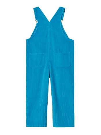 The Goldie + Ace Austin Corduroy Blue Overalls in Blue pictured on a transparent background. The material is 100% cotton. It is a overall made for babies, toddlers and kids.