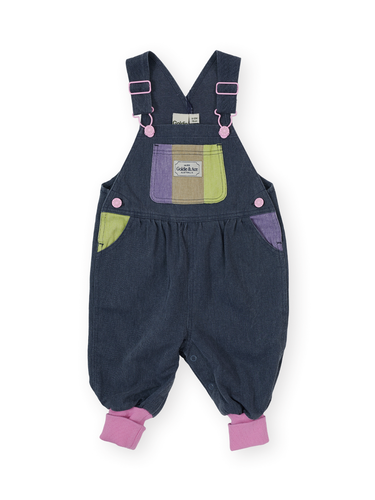 The Goldie + Ace Colour Pop Baby Austin Overalls in Purple &amp; Green pictured on a transparent background. The material is 100% cotton. It is a overall made for babies, toddlers and kids.