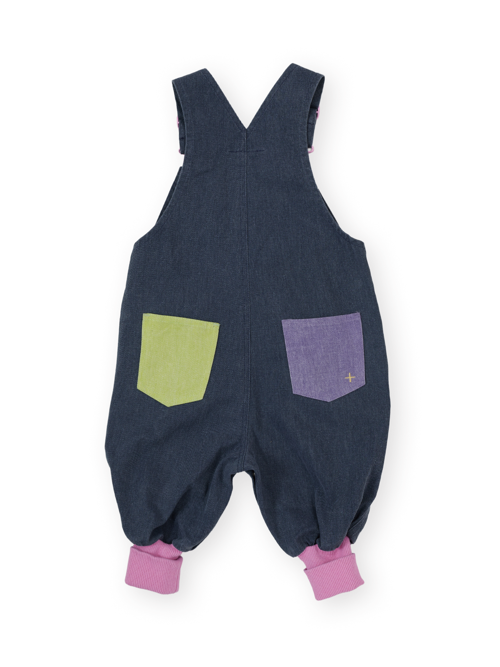 The Goldie + Ace Colour Pop Baby Austin Overalls in Purple & Green pictured on a transparent background. The material is 100% cotton. It is a overall made for babies, toddlers and kids.