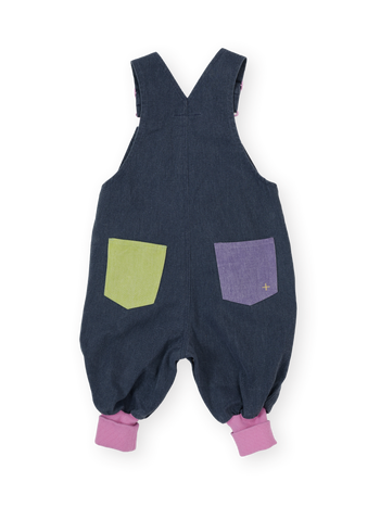 The Goldie + Ace Colour Pop Baby Austin Overalls in Purple & Green pictured on a transparent background. The material is 100% cotton. It is a overall made for babies, toddlers and kids.