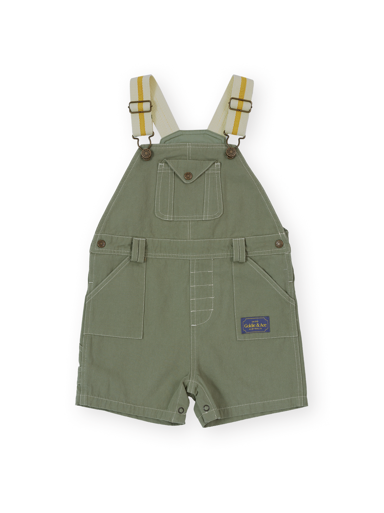 The Goldie + Ace Carpenter Utility Burton Overalls in Sage pictured on a transparent background. The material is 100% cotton. It is a overall made for babies, toddlers and kids.