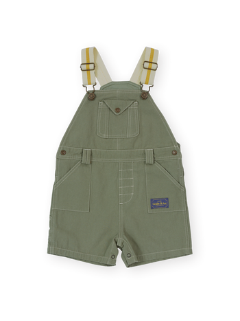 The Goldie + Ace Carpenter Utility Burton Overalls in Sage pictured on a transparent background. The material is 100% cotton. It is a overall made for babies, toddlers and kids.