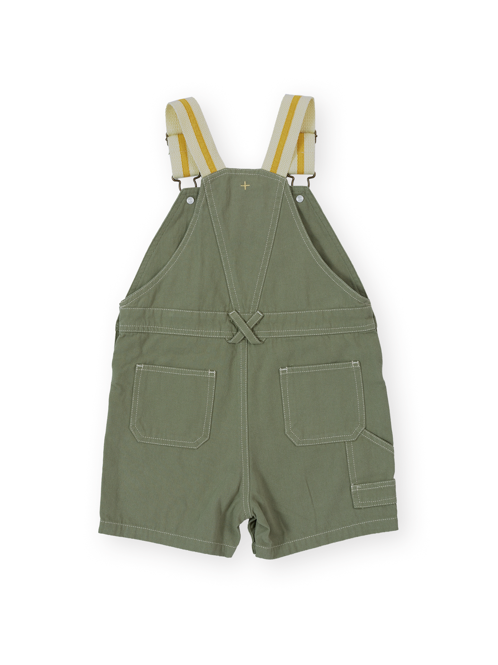 The Goldie + Ace Carpenter Utility Burton Overalls in Sage pictured on a transparent background. The material is 100% cotton. It is a overall made for babies, toddlers and kids.