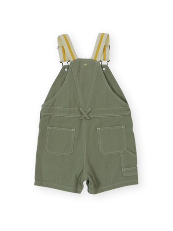 The Goldie + Ace Carpenter Utility Burton Overalls in Sage pictured on a transparent background. The material is 100% cotton. It is a overall made for babies, toddlers and kids.