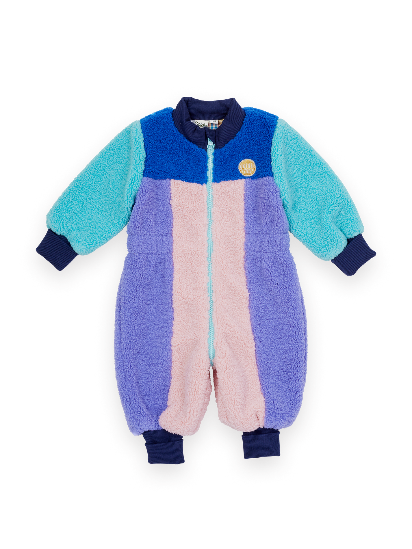 The Goldie + Ace Sherpa Romper Suit in Multi pictured on a transparent background. The material is 100% polyester, filling: 100% cotton. It is a romper made for babies, toddlers and kids.