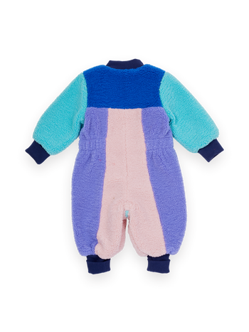 The Goldie + Ace Sherpa Romper Suit in Multi pictured on a transparent background. The material is 100% polyester, filling: 100% cotton. It is a romper made for babies, toddlers and kids.