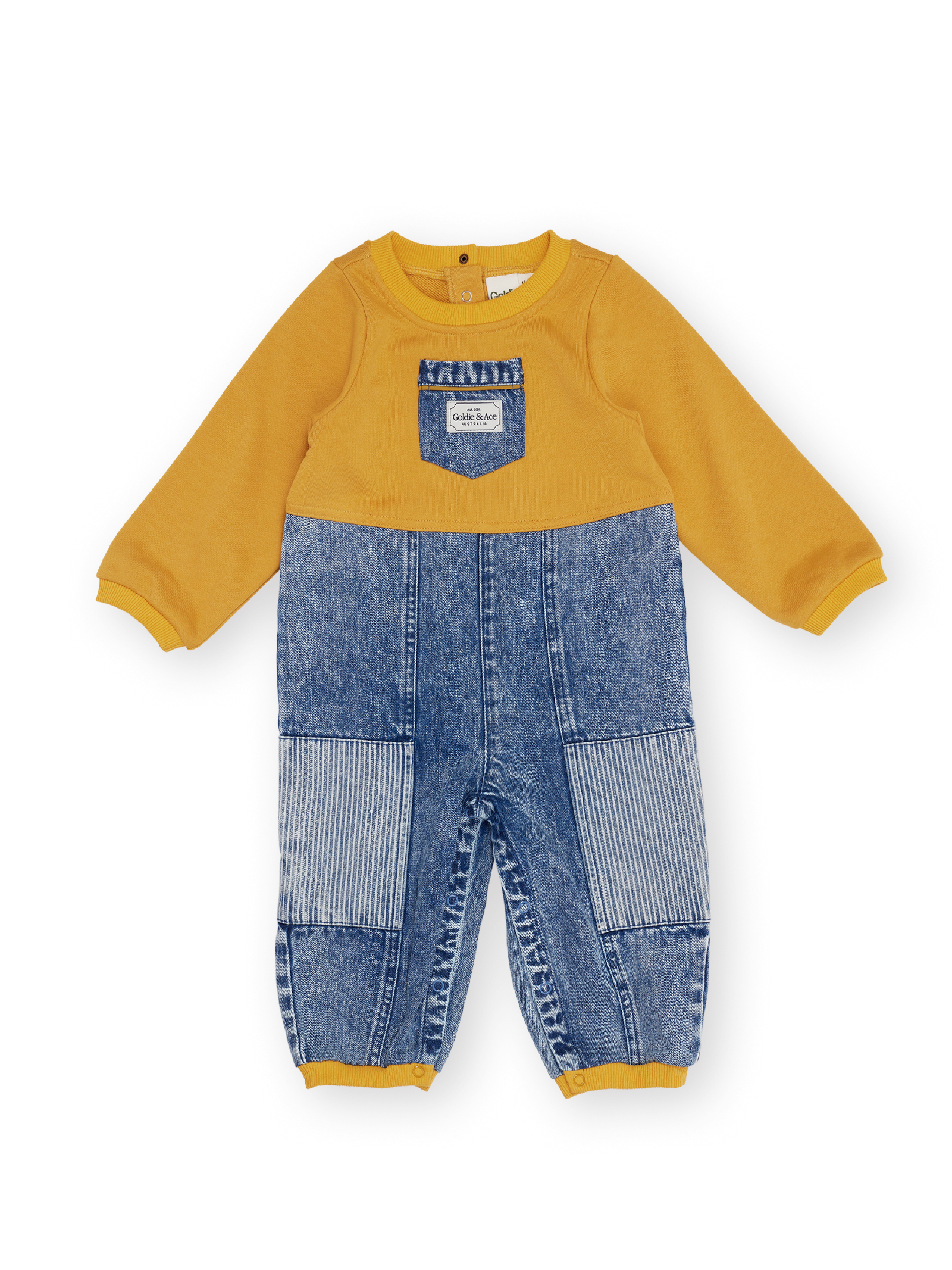 The Goldie + Ace Pin Stripe Overall Romper in Light Denim & Mustard pictured on a transparent background. The material is 100% cotton. It is a romper made for babies, toddlers and kids.