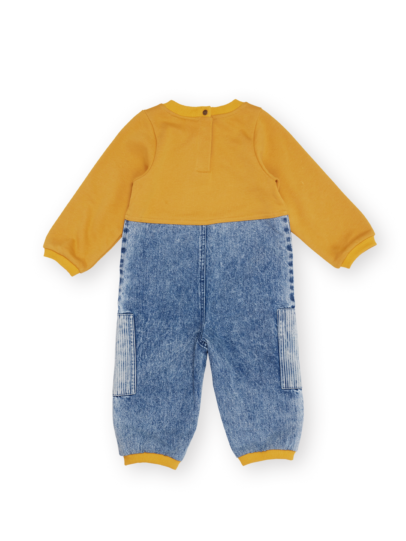 The Goldie + Ace Pin Stripe Overall Romper in Light Denim & Mustard pictured on a transparent background. The material is 100% cotton. It is a romper made for babies, toddlers and kids.