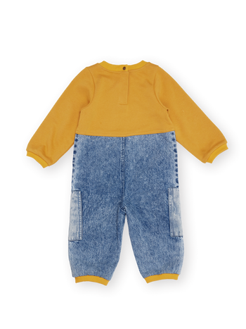 The Goldie + Ace Pin Stripe Overall Romper in Light Denim & Mustard pictured on a transparent background. The material is 100% cotton. It is a romper made for babies, toddlers and kids.