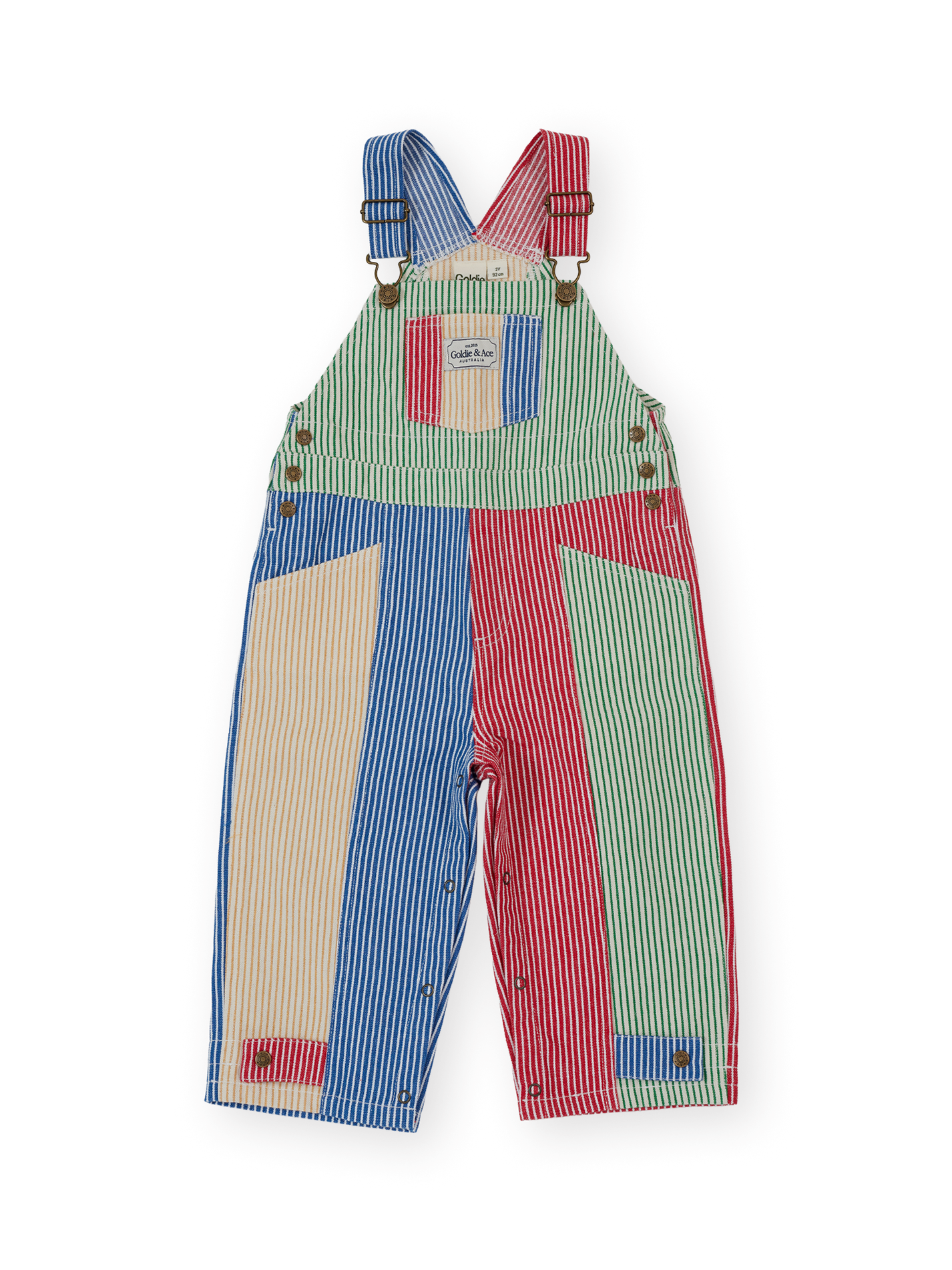 The Goldie + Ace Patchwork Stripe Blake Overalls in Primary pictured on a transparent background. The material is 55% polyester 45% cotton. It is a overall made for babies, toddlers and kids.
