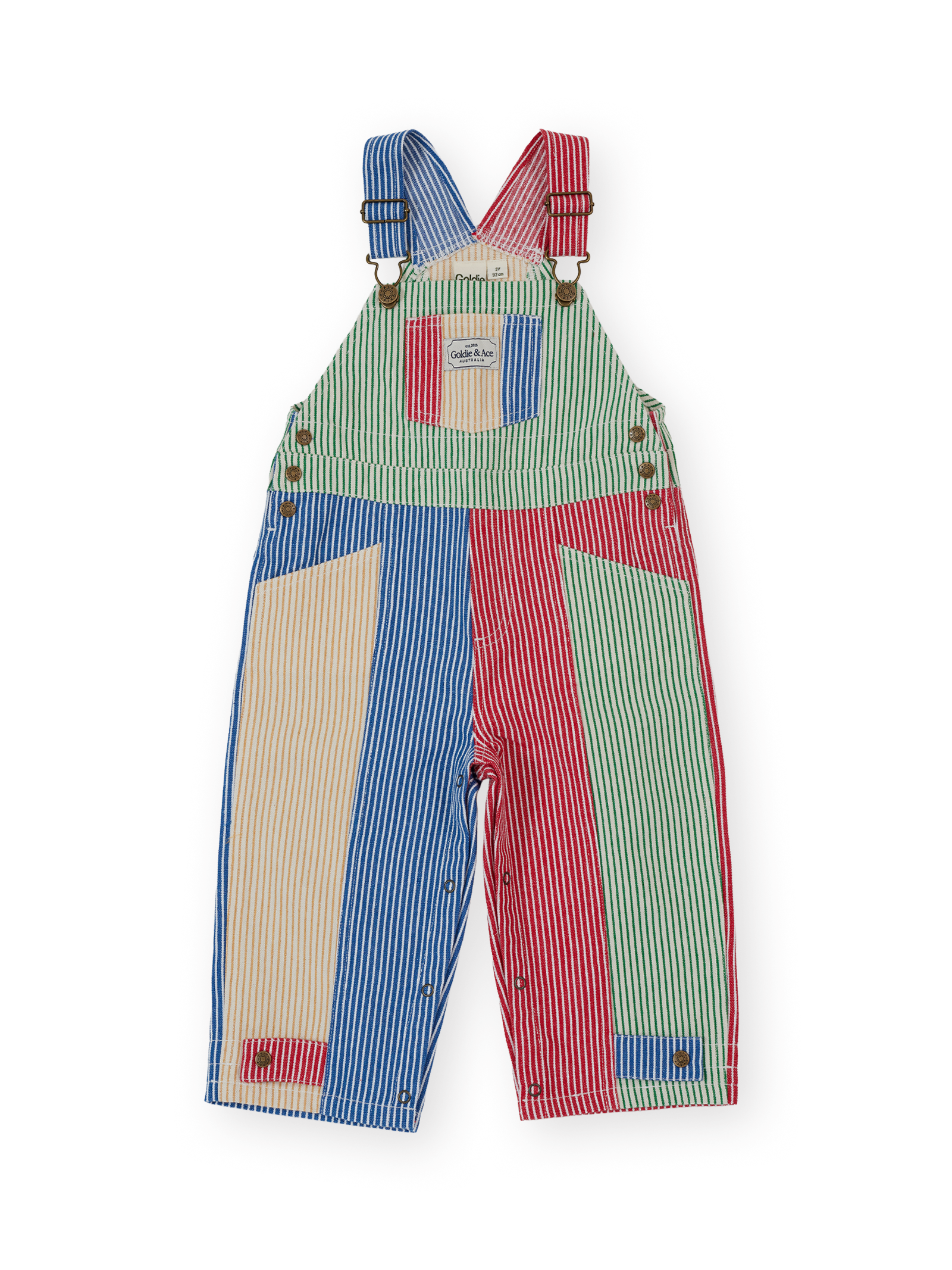 The Goldie + Ace Patchwork Stripe Blake Overalls in Primary pictured on a transparent background. The material is 55% polyester 45% cotton. It is a overall made for babies, toddlers and kids.