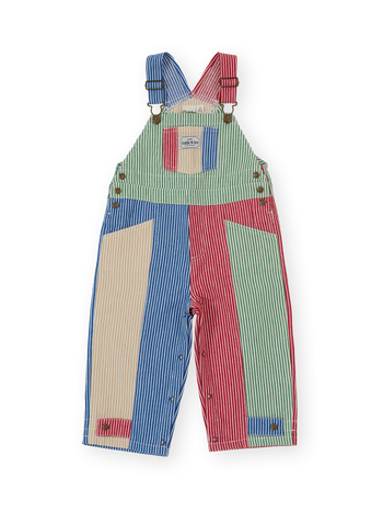The Goldie + Ace Patchwork Stripe Blake Overalls in Primary pictured on a transparent background. The material is 55% polyester 45% cotton. It is a overall made for babies, toddlers and kids.